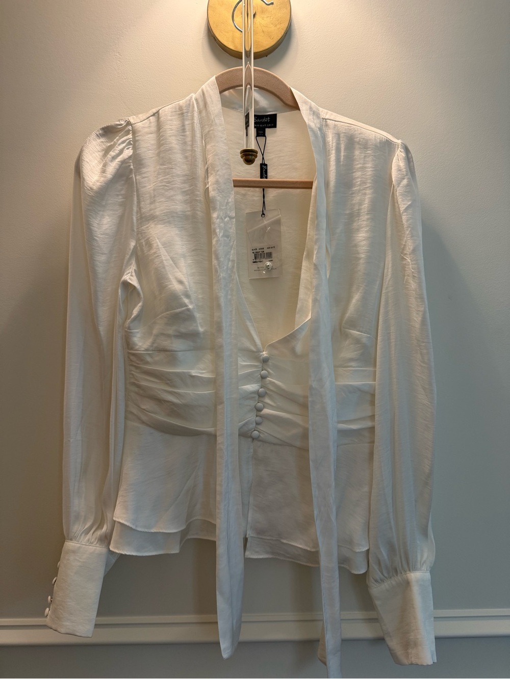 Bardot Ivory Satin Tie-Neck Blouse with Front Buttons